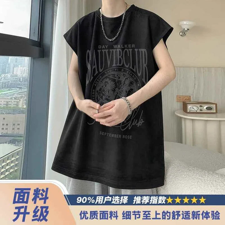 Black sleeveless SAUVIBCLUB graphic t-shirt with bold logo and casual street style design