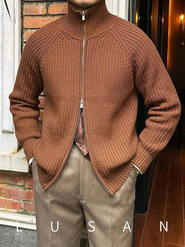 Mr. Lusan cardigan retro slim brown ribbed knit zip-up with high collar for men