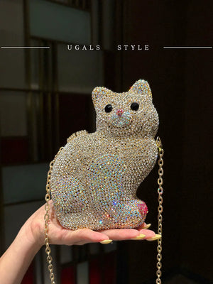 UGALS Heavy Industry Retro Celebrity Full Water Diamond Glass Cute Cartoon Kitten Banquet Hand Handle Crossbody Bag