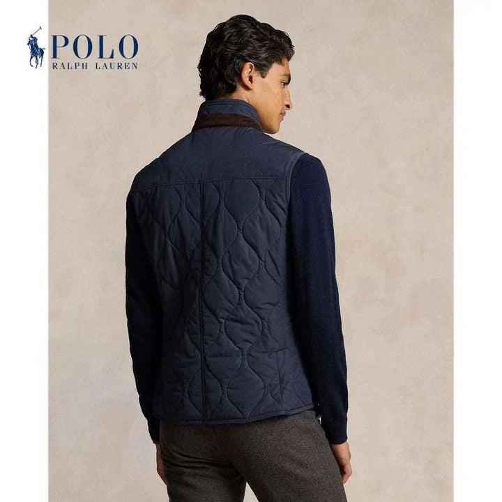 سترة Ralph Lauren مبطنة باللون الأزرق البحري مع تطريز متموج وياقة عالية جلدية وقفل أزرار وسحّاب للرجال