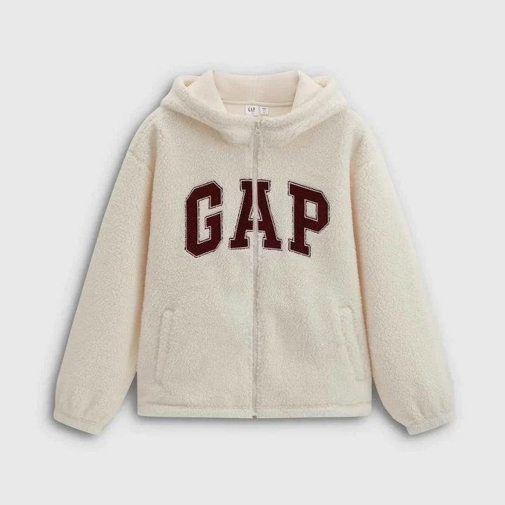 Gap هودي شتوي فرو نسائي أبيض بقصة مريحة وقبعة وشعار بارز