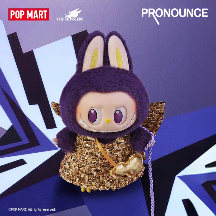 LABUBU x PRONOUNCE collectible figurine in purple and gold with rabbit ears.