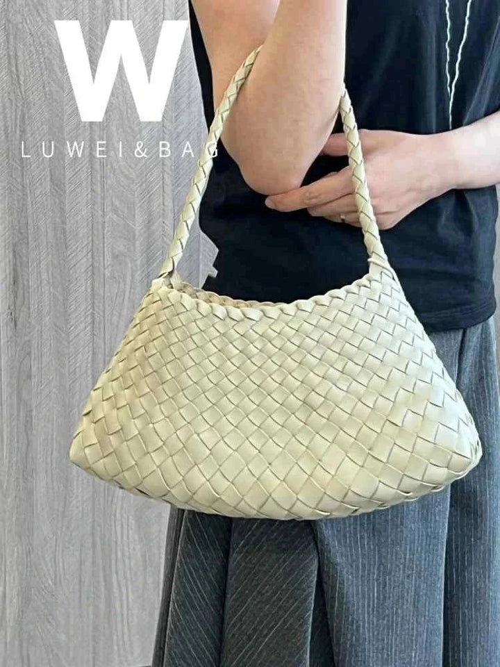 dragon woven bag handcrafted natural cow leather shoulder bag in pearl white with lightweight and spacious design