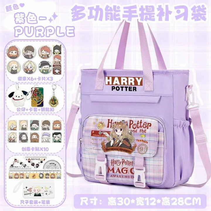 Purple Harry Potter themed multifunctional school backpack with cartoon character design and multiple compartments for daily use