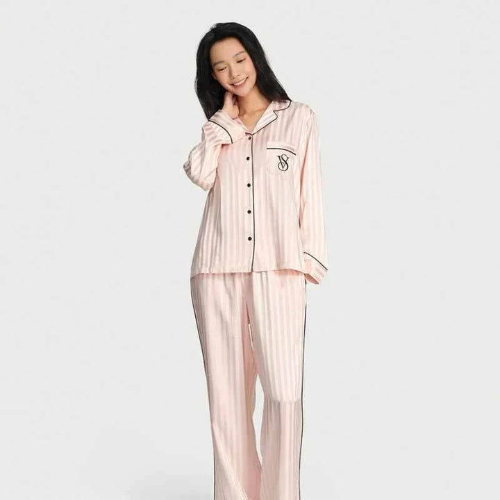 Victoria's Secret star satin pink striped long sleeve and pants loungewear set for women