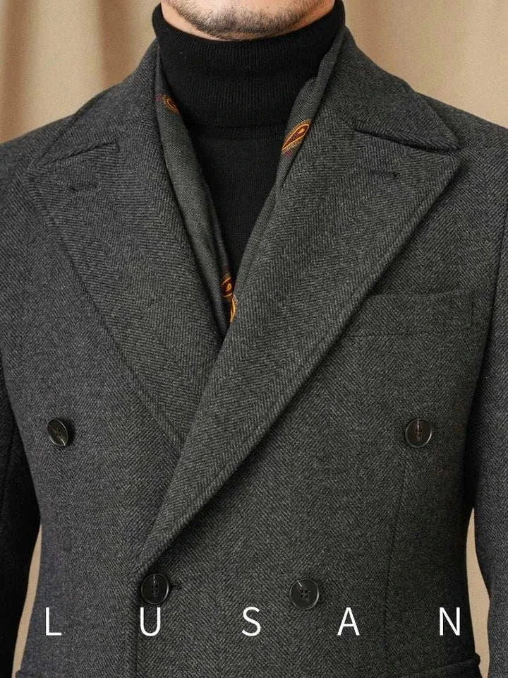Mr. Lusan autumn كوت coat dark gray herringbone double-breasted warm tailored design