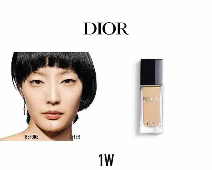Dior Forever Foundation before and after face comparison with foundation bottle in shade 1W showcasing natural radiant finish and long-lasting coverage.