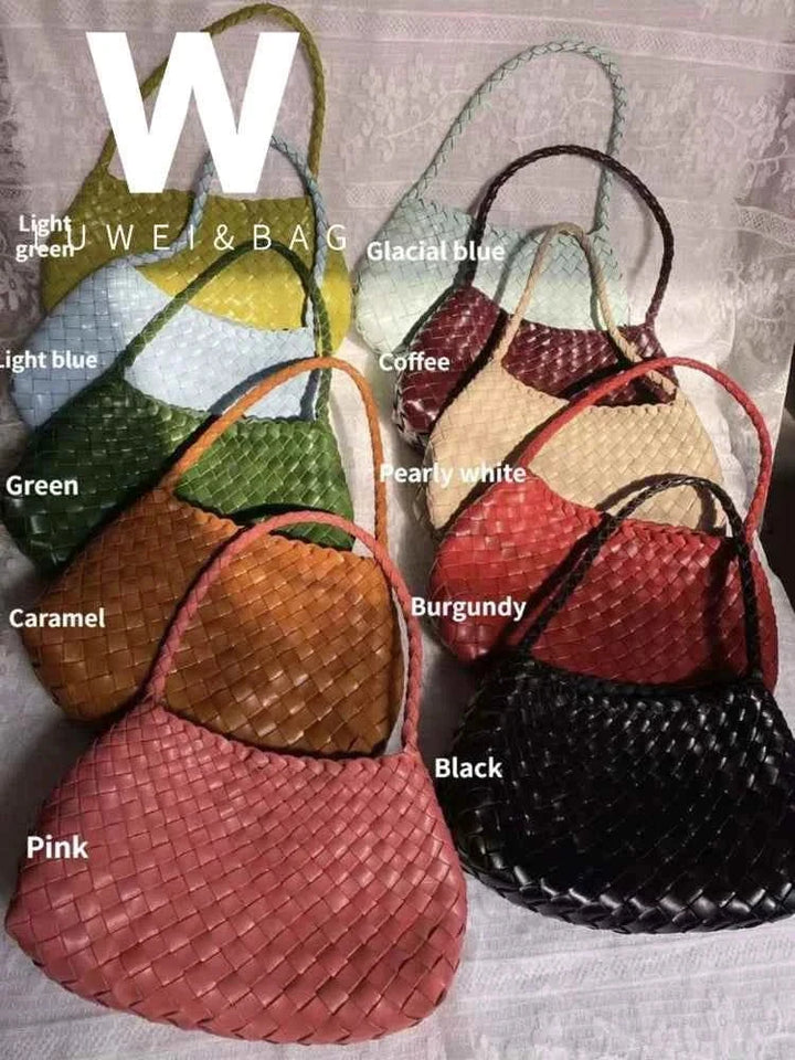 Collection of dragon woven bags made from natural cow leather in multiple colors including black, caramel, green, pink, blue, coffee, burgundy, and pearly white, featuring a lightweight and practical design.