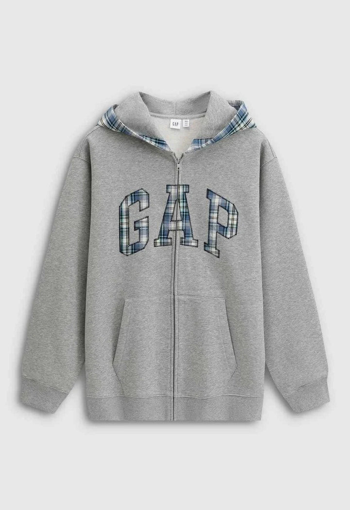 GapGap هودي أصلي بكاروهات رمادي رجالي ونسائي بأكمام طويلة وسحاب أمامي
