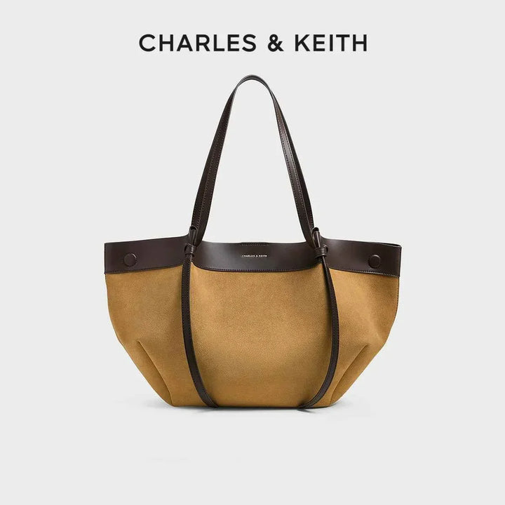 CHARLES & KEITH two-tone wide tote bag with small inner pouch in brown and tan for daily use