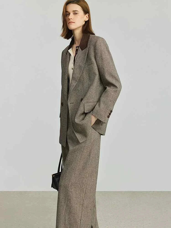 Woman wearing Elite suit LILY2025 autumn retro splicing corduroy high-end suit jacket and skirt