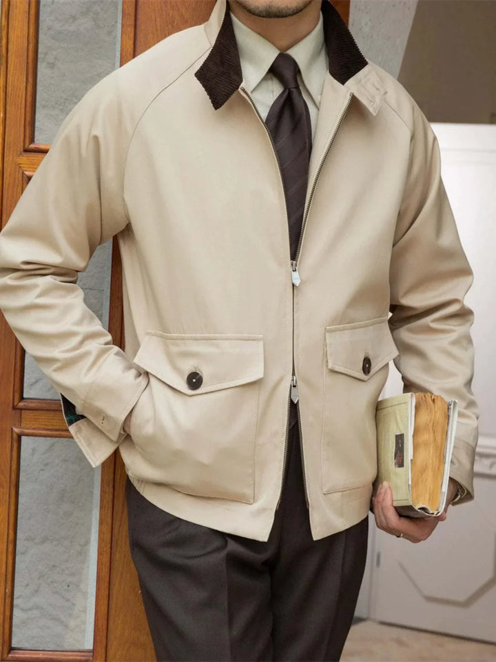 Mr. Lusan Men's Winter Jacket beige waterproof with dark corduroy collar and buttoned pockets