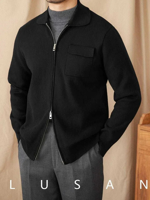 Mr. Lu San's jacket slim British light cardigan black with zippered front and chest pocket