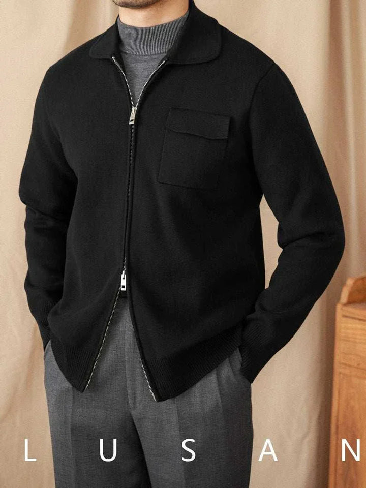Mr. Lu San's jacket slim British light cardigan black with zippered front and chest pocket