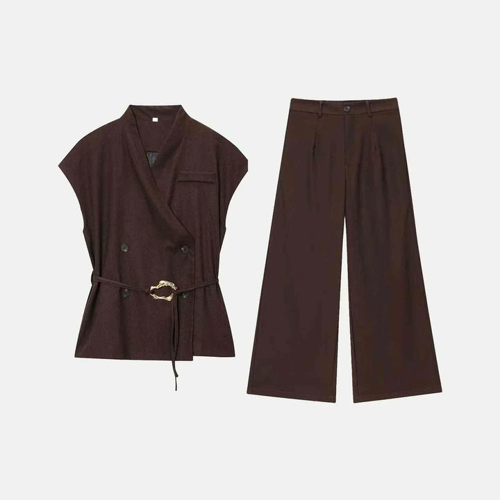 European American style women's summer outfit with gold buckle embellished top and solid color casual trousers