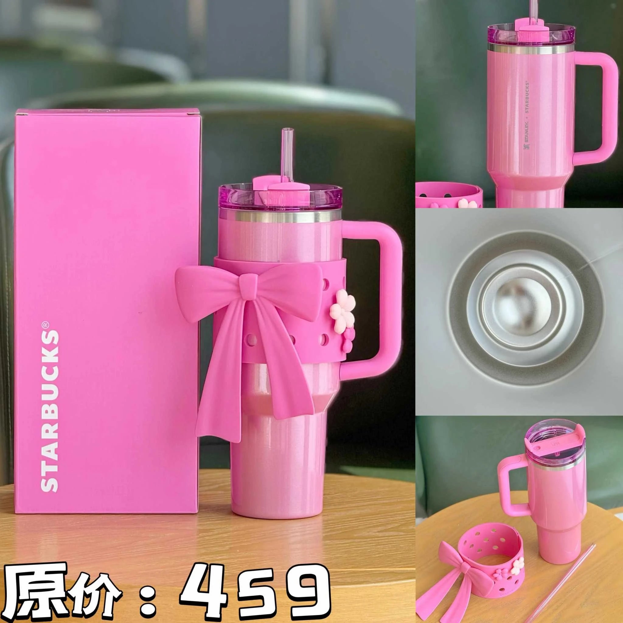 Tumbler Stanley Starbucks وردي مع إكسسوار فيونكة.