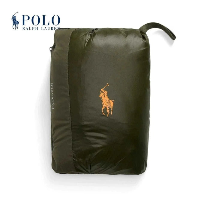 حقيبة تخزين ستة Ralph Lauren Vest بلون زيتوني عسلي مع شعار برتقالي قابلة للطي وخفيفة الوزن