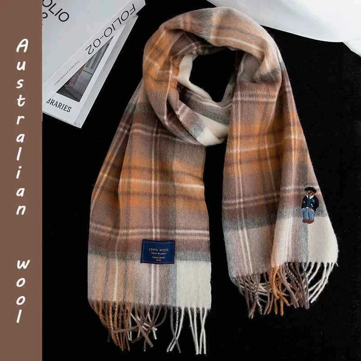 وشاح من الصوف 100% بنمط بريطاني قديم مع رسمة دب وتصميم مخطط سميك للشتاء باللون البني والأبيض والبرتقالي