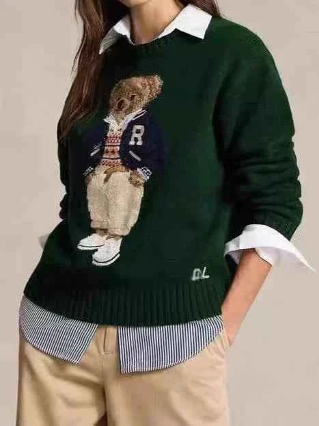 كنزة محبوكة برقبة دائرية بتصميم دب أوروبي أصلي من الأزياء الراقية الأمريكية