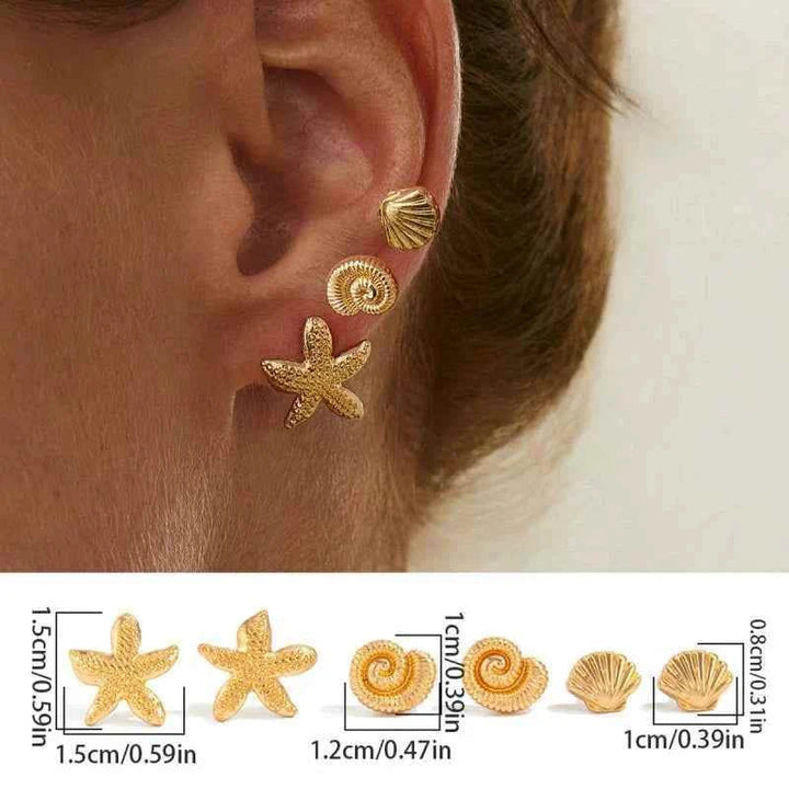 طقم أقراط نسائية صغيرة بتصميم زهرة ونجمة وStarfish ذهبي بأناقة أوروبية وأمريكية موديل 2025