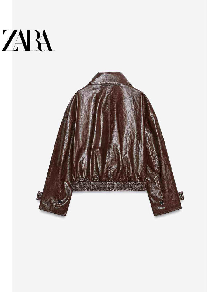 جاكيت نسائي لامع بأكمام طويلة وياقة من مجموعة ZARA2025 لخريف النساء بلون بني داكن