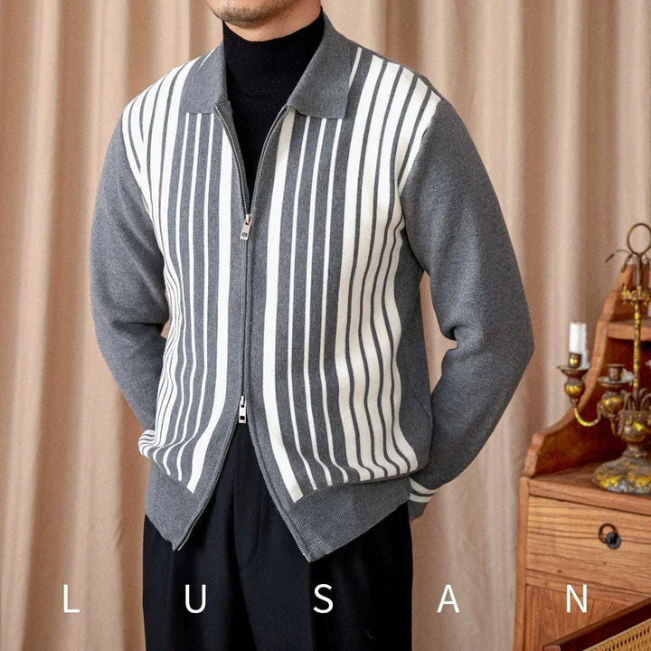 Mr. Lu San British slim knitted cardigan with vertical stripes in gray and white, slim fit, double zipper, and classic collar.