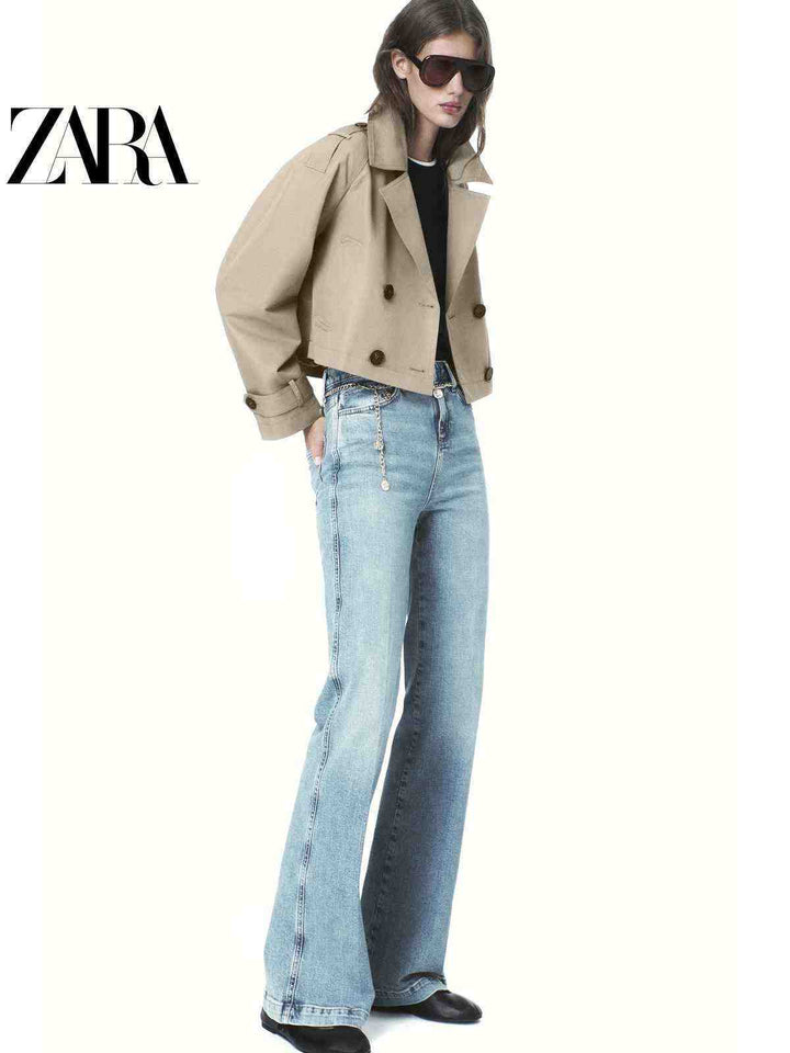 معطف ترنش قصير بأكمام طويلة وتصميم كلاسيكي بسيط للنساء من ZARA2025 Autumn أنيق بلون بيج