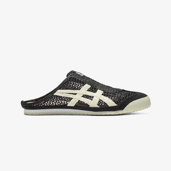 حذاء Onitsuka Tiger MEXICO 66 SABOT باللون الأسود الكلاسيكي مع تصميم خلفي مفتوح وشبكة قابلة للتهوية.