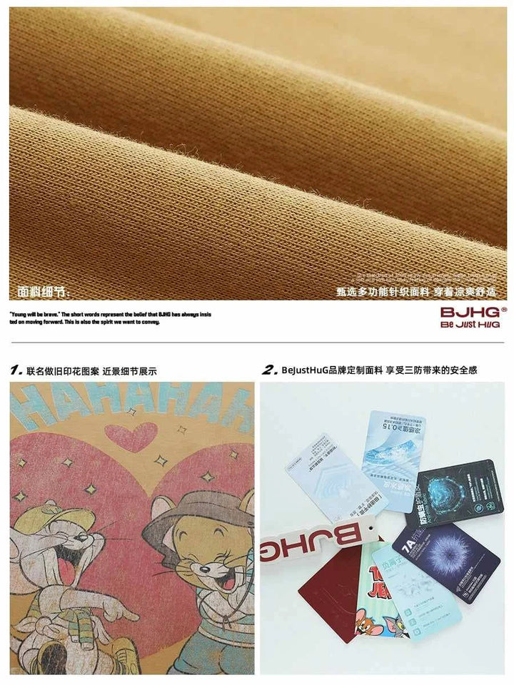 Close-up of soft cotton fabric and printed Tom and Jerry design on BJHG oversized comfortable T-shirt