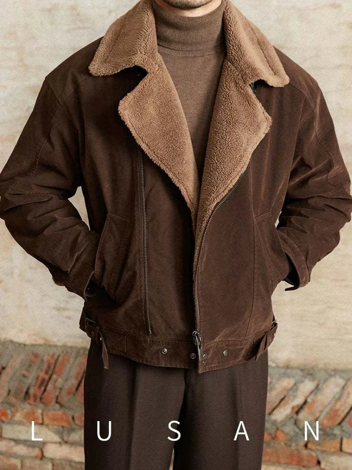 Mr. Lusan English jacket brown suede sherling collar warm stylish winter coat