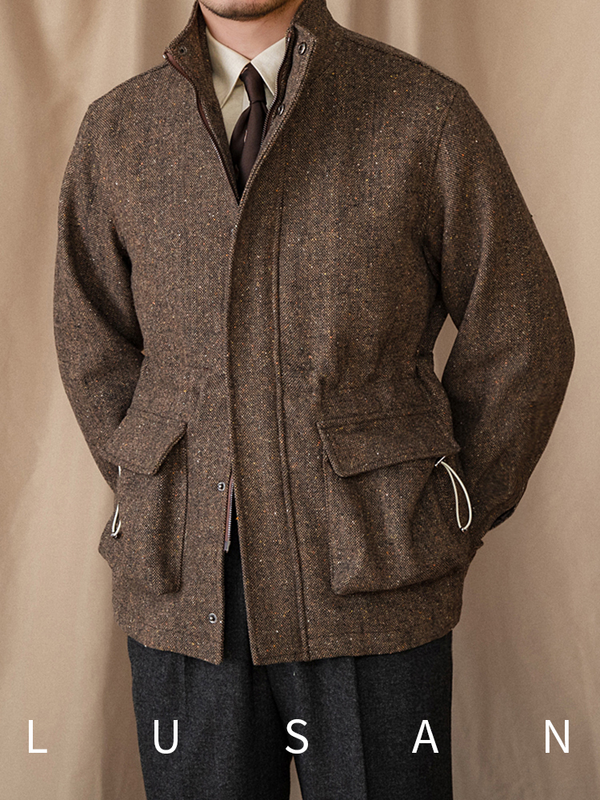 Mr. Lusan Italian gentleman jacket brown tweed with high collar, zip and button closure, front pockets, elegant and warm design.