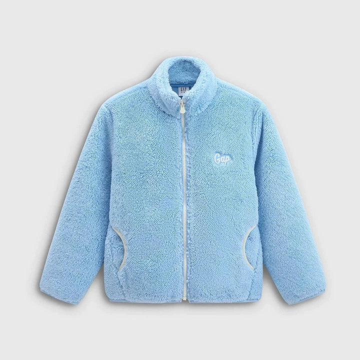 جاكيت شيربا أزرق فاتح بناتي من Gap Girls خفيف ودافئ للخريف 2025 تصميم عملي مع سحاب وشعار مطرز