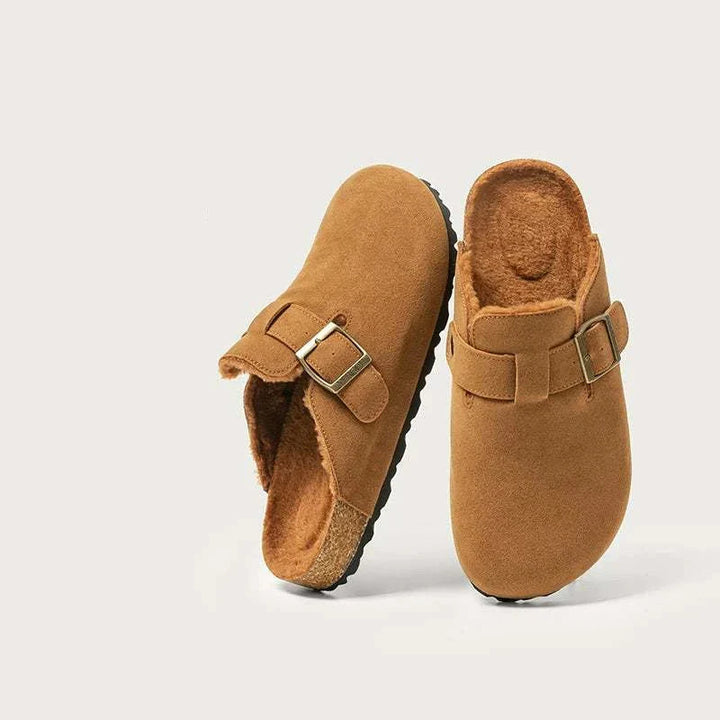 حذاء رجالي فرو داخلي بنعل TPR مقاوم للانزلاق تصميم ريترو بألوان ترابية مع حزام معدني قابل للتعديل