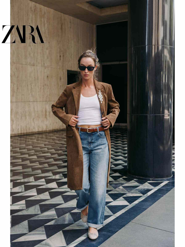 معطف نسائي بني من زارا ZARA2025 Fall بتأثير مضاد للسويد وأزرار كبس أنيقة للخريف 2025