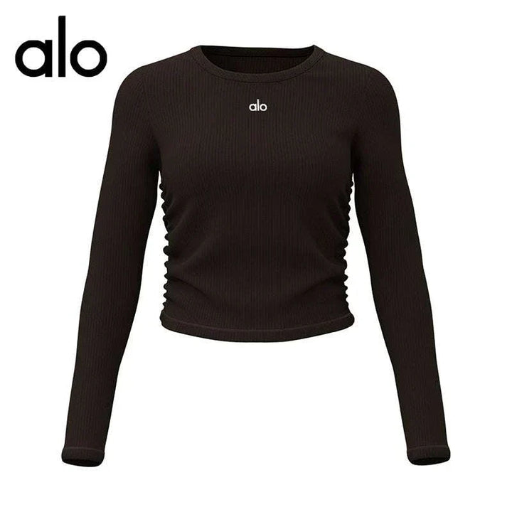 تيشرت أكمام طويلة alo clothing برقبة دائرية عالية المرونة وقماش سريع الجفاف بلون أسود أنيق