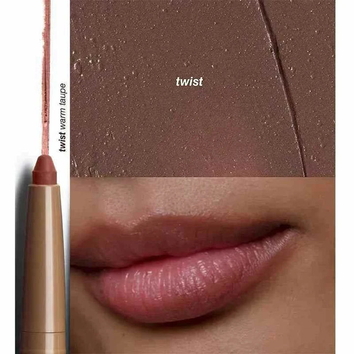 Rhode Lip Liner in Twist warm taupe shade with smooth creamy texture on lips and swatch.