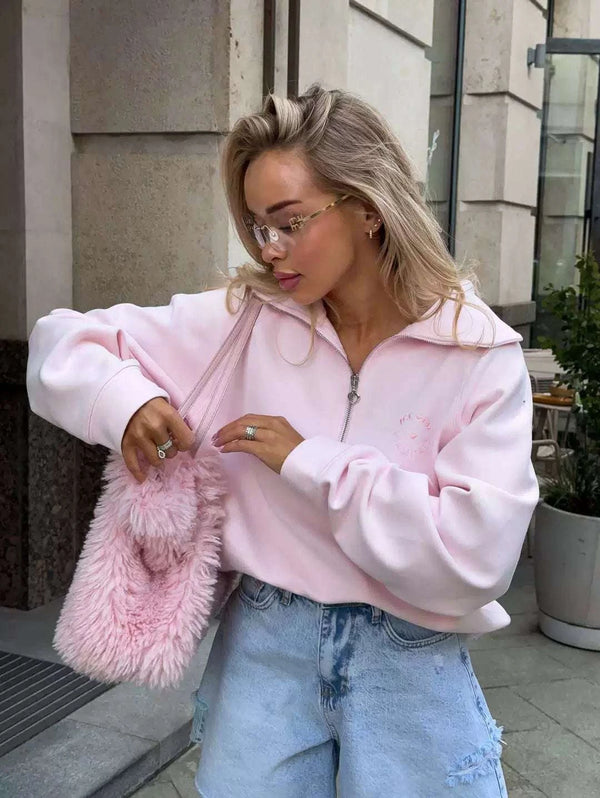 European and American letter embroidery top, half-zipper lapel long-sleeved sweater, Letter embroidery sweater