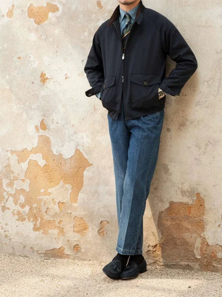 Mr. Lusan Jacket retro waterproof with velvet collar and front button pockets, styled for casual and formal wear