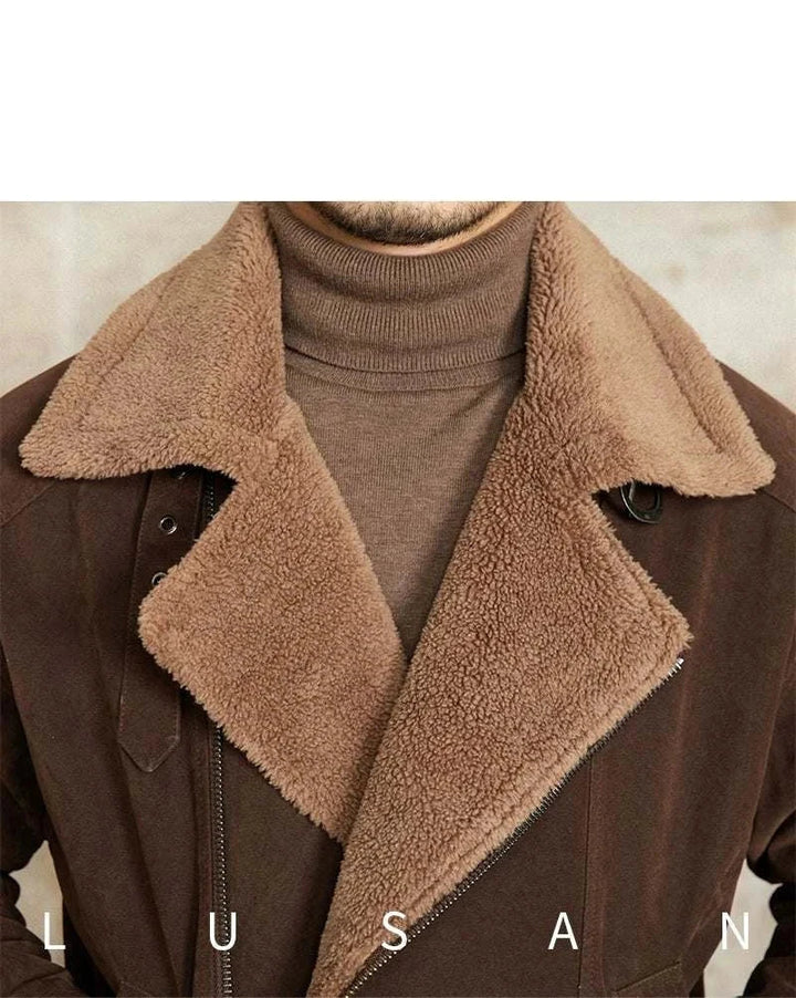 Mr. Lusan English jacket with plush Sherling collar and suede-like fabric in brown, warm and stylish winter coat