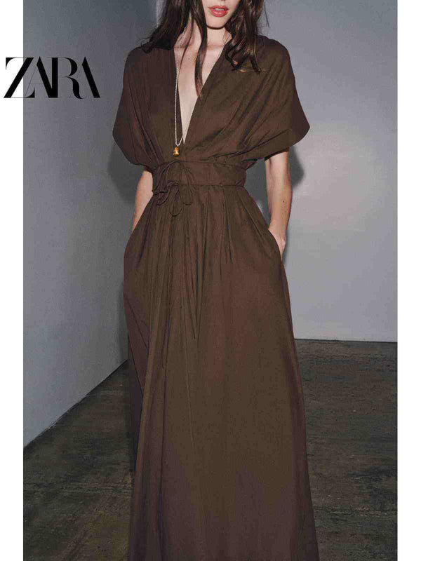 فستان نسائي بني مطوي متوسط الطول من مجموعة ZARA2025 Fall خريف بتصميم أنيق ومريح