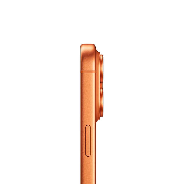 Apple iPhone 17 Pro side view in Cosmic Orange with triple camera and sleek aluminum finish
