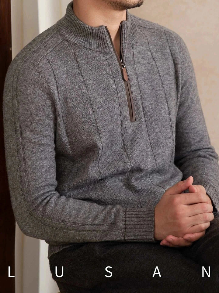 Mr. Lu San's 30% wool gray sweater with half-zip and ribbed cuffs for warmth and comfort