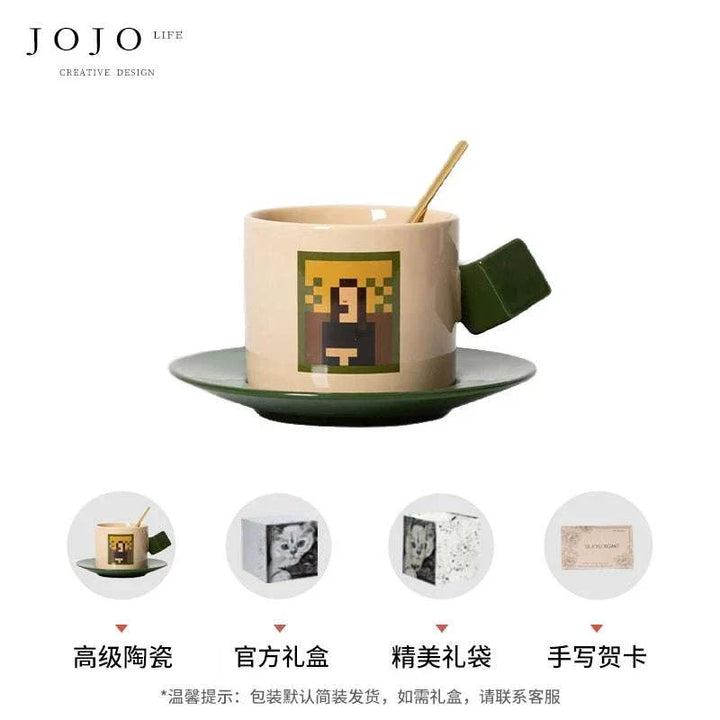 فنجان قهوة JOJO سيراميك عالي الجودة مع مقبض مكعب شطرنجي وتصميم فني ملون مع صحن وملاعق أنيقة