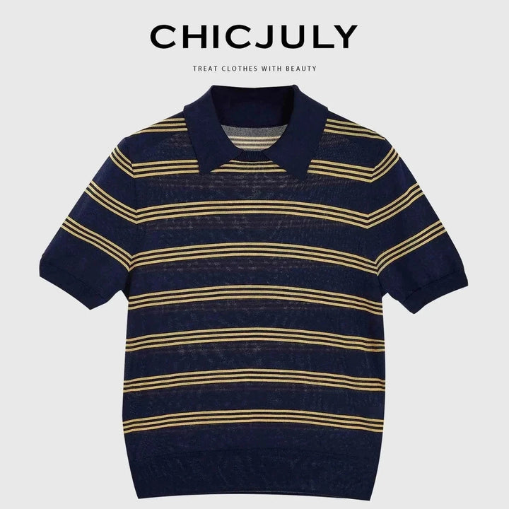 Navy blue CHICJULY short-sleeve striped polo shirt with yellow lines, made of soft wool blend for casual elegant spring-summer wear.