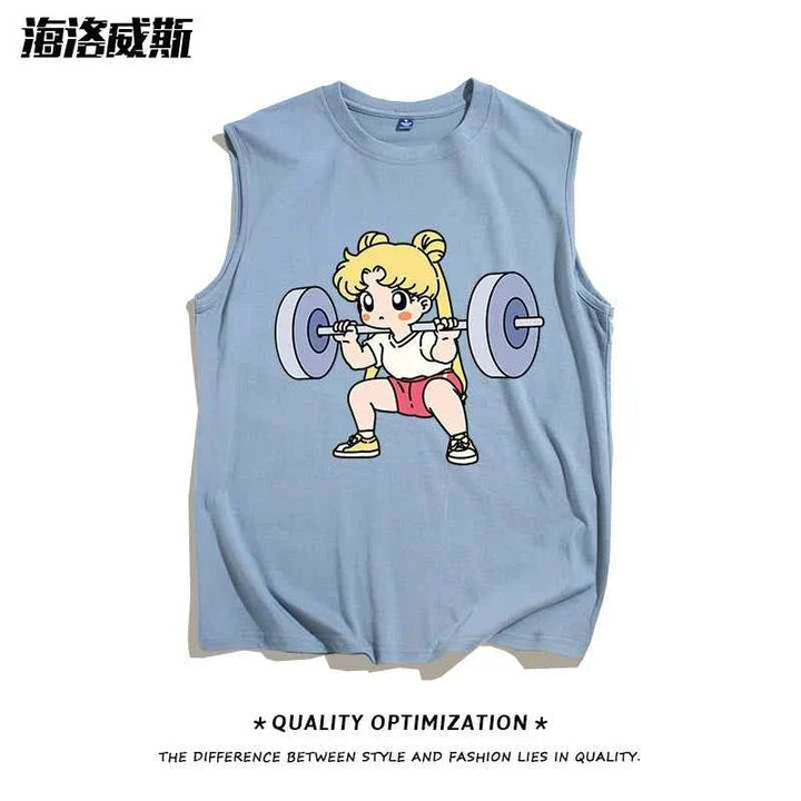 Light blue sleeveless sports cut t-shirt with cartoon girl weightlifting design