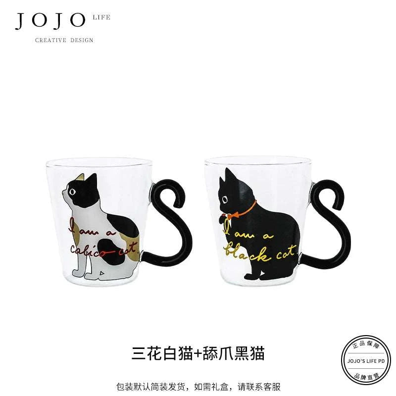 JOJO hand-painted cute cat glass coffee cup.
