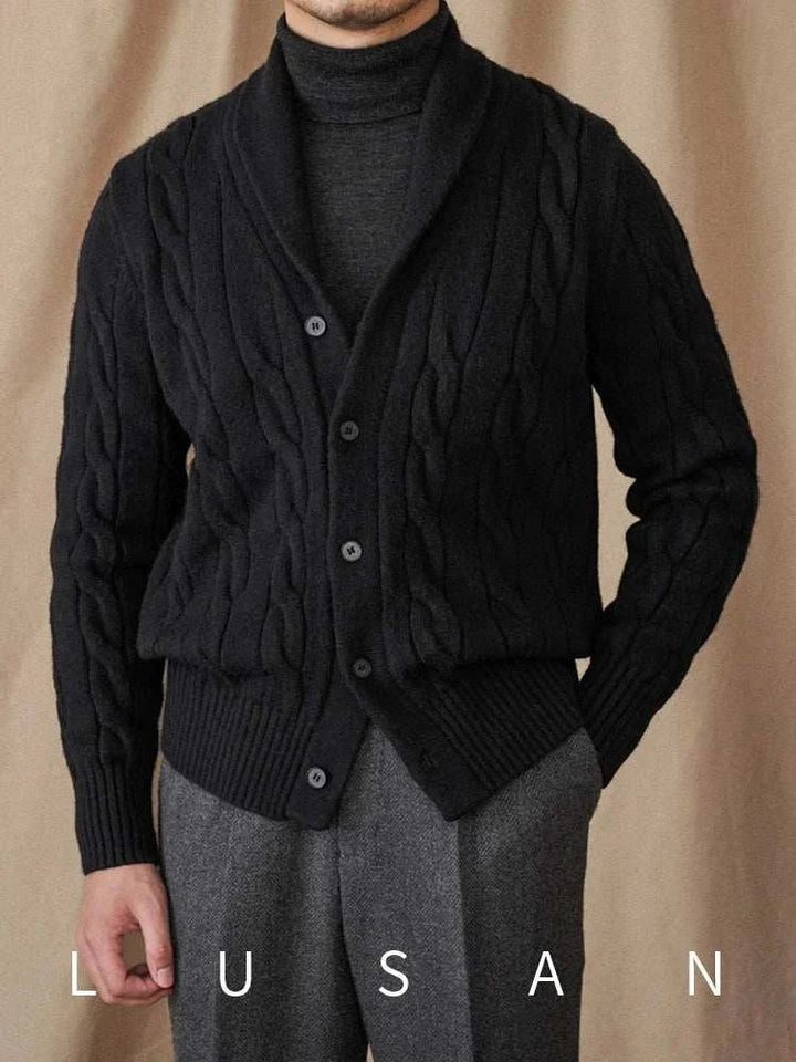 Mr. Lusan cardigan black cable knit shawl collar with buttons luxury men's outerwear