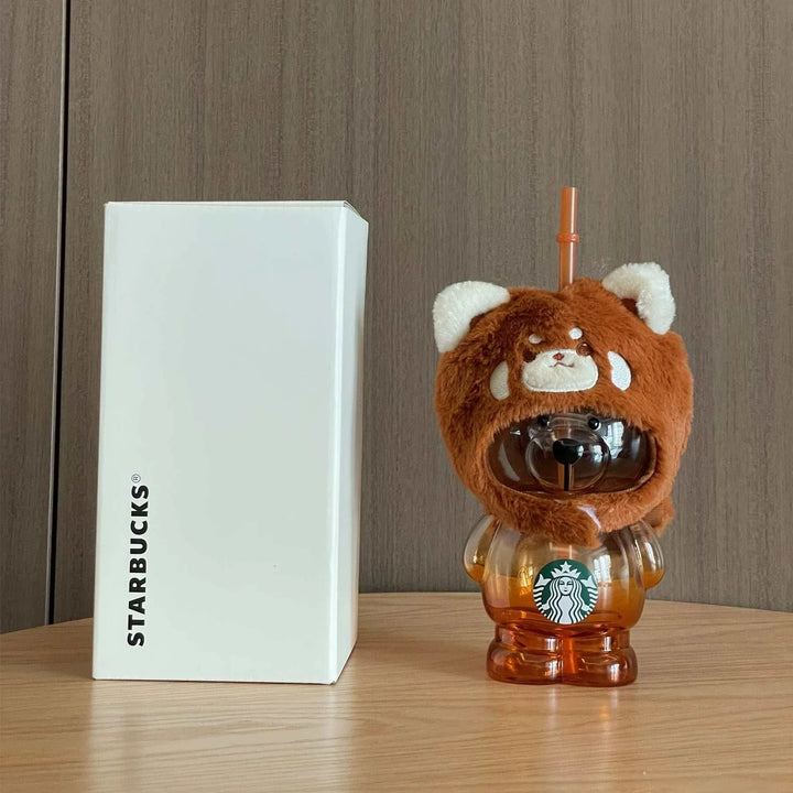 كوب ستاربكس تصميم دب بغطاء فروي بني وشفاطة برتقالية وقبضة مريحة بشعار ستاربكس عالي الجودة