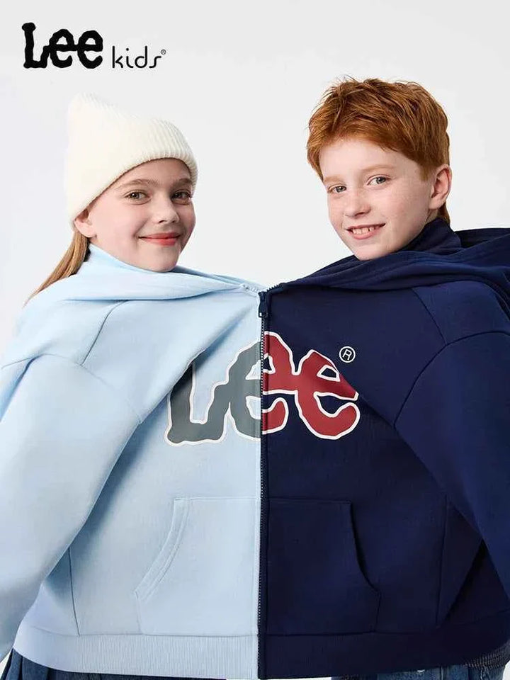Two children wearing Lee kids sweatshirt in light blue and navy colors with logo front and hooded design
