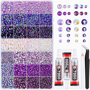 Purple and AB flatback rhinestones set with tools - أحجار الراين بنفسجية وفصوص كريستالية